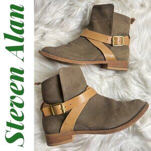 STEVEN ALAN Jodphur Genuine Suede Wrap Buckle Taupe Chelsea Bootie, Size‎ 38